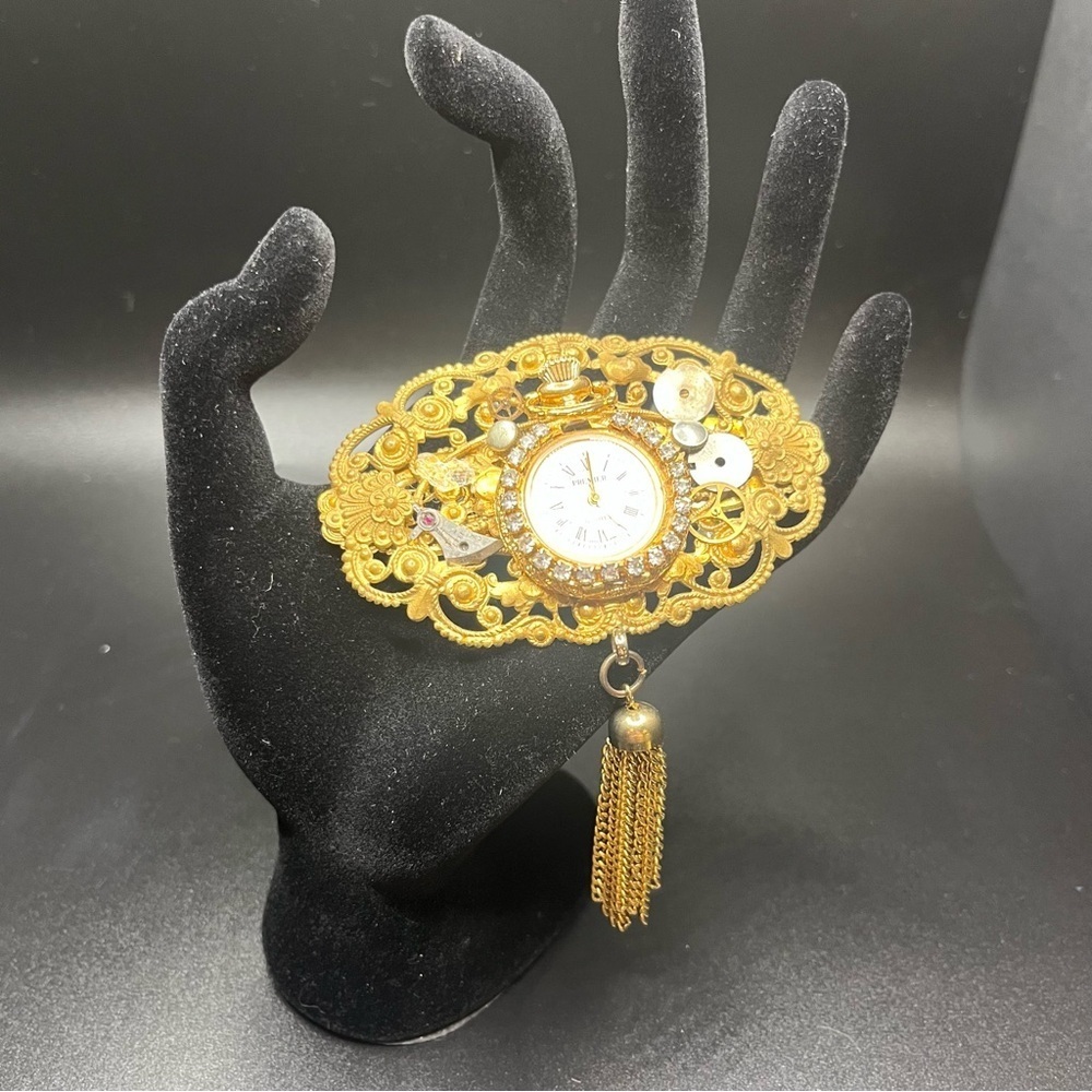 Vintage Gold Tone Watch Brooch Rhinestones Tassel. Steampunk